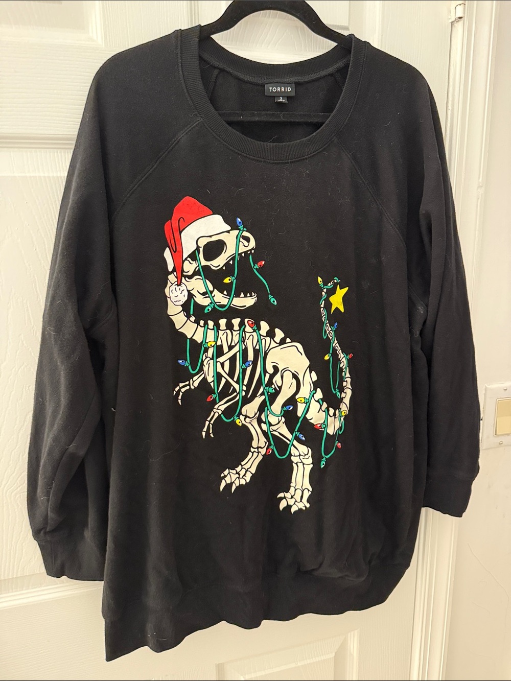 torrid Black Crewneck Sweater with Holiday Skeleton Dino Graphic